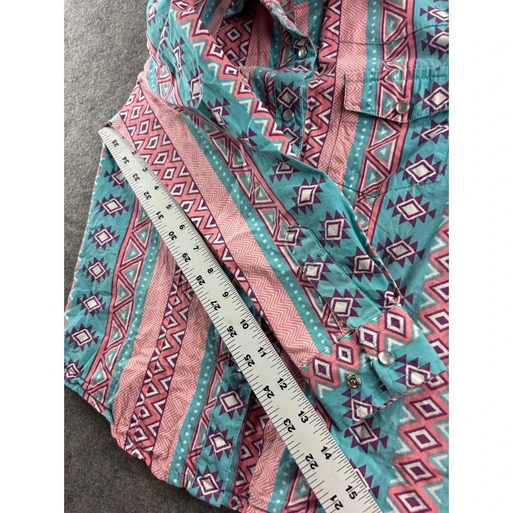 May Lillie Girls M Western Pearl Snap Shirt Pink Turquoise Southwestern Cotton